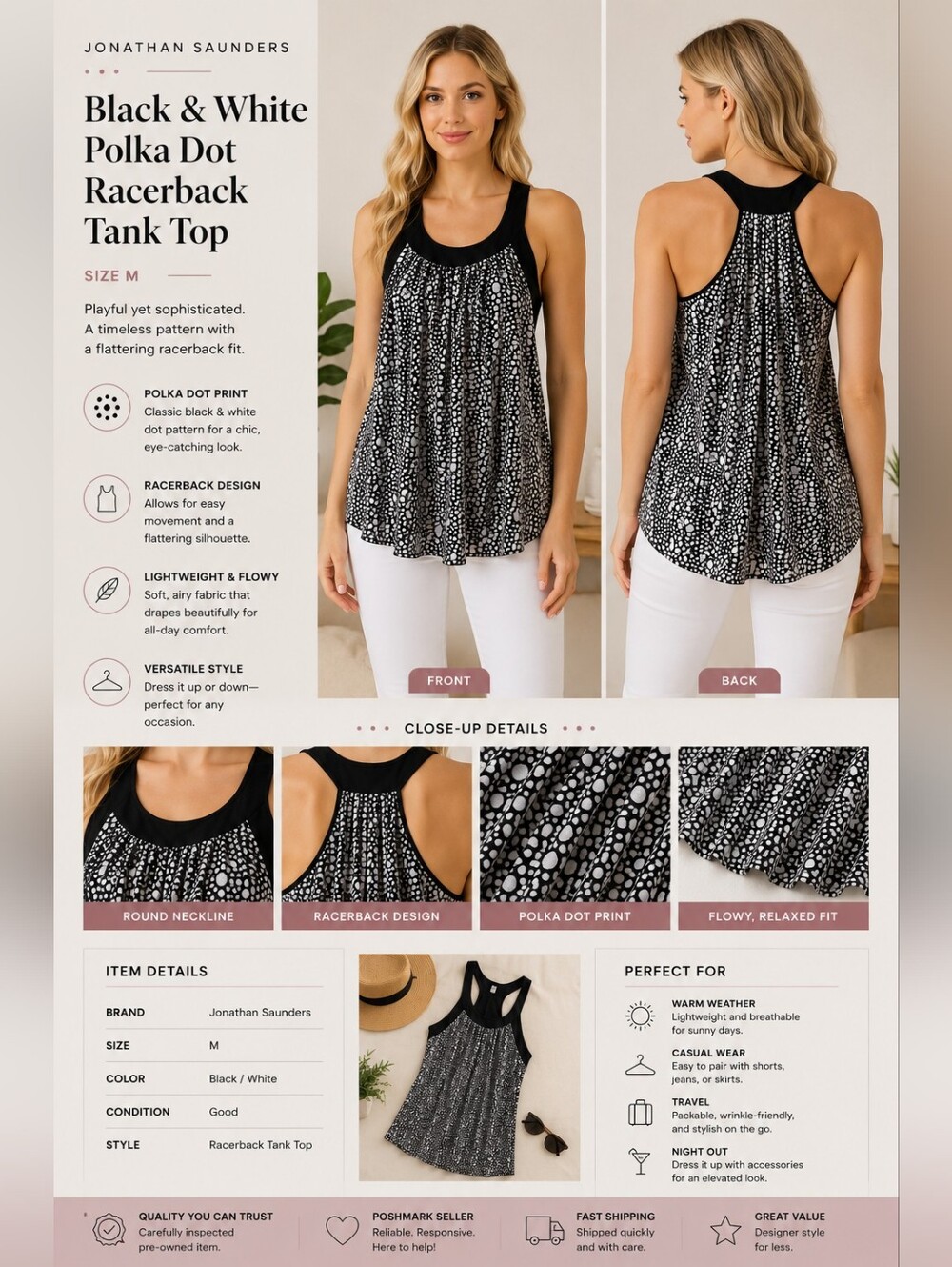 Jonathan Saunders Black White Polka Dot Racerback Tank Top Size M